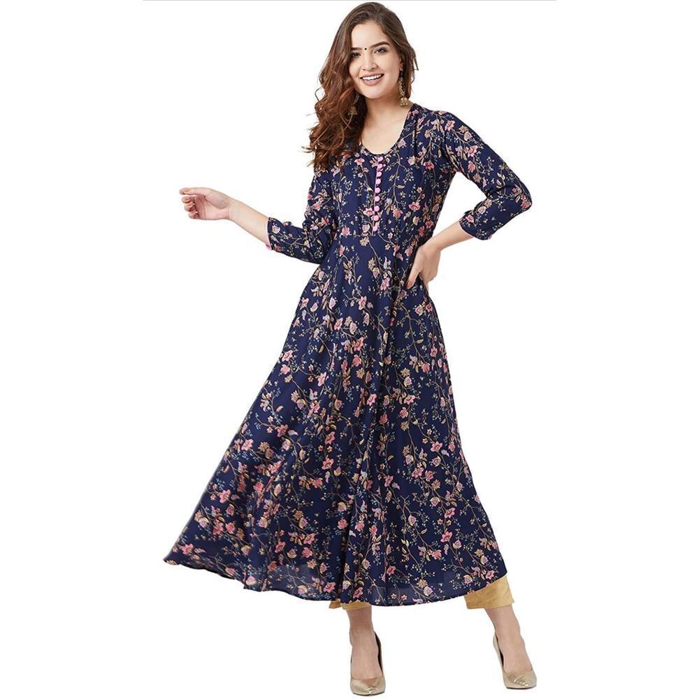 Tissu Navy Blue & Pink Floral Printed Flared Kurta Dress XXL